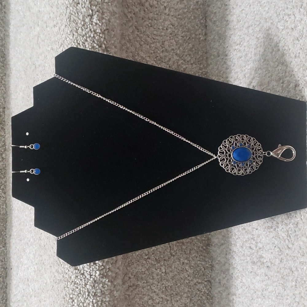 Blue and Silver long chain laynard and matching earrings